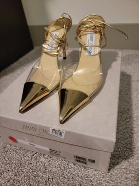 Jimmy Choo Farley Gold Pointed Toe Clear Lace-Up Pumps